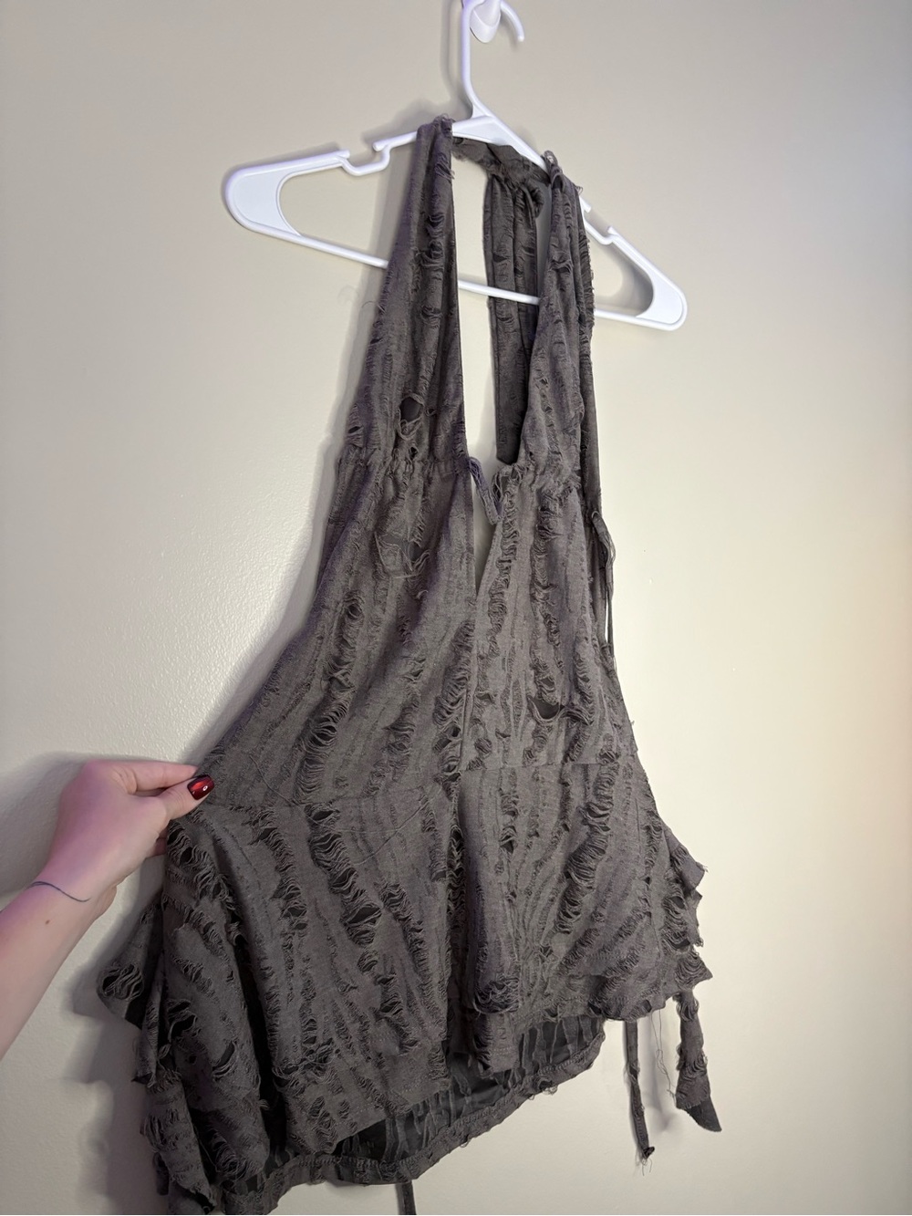 Edikted shredded backless halter mini dress in Charcoal